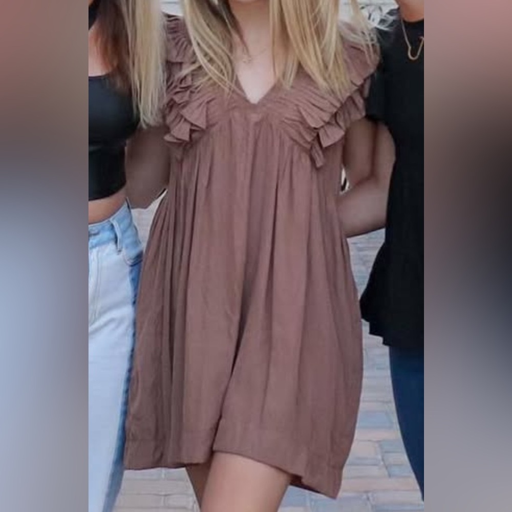 Mustard Seed Brown Ruffled Flutter Sleeve Sundress